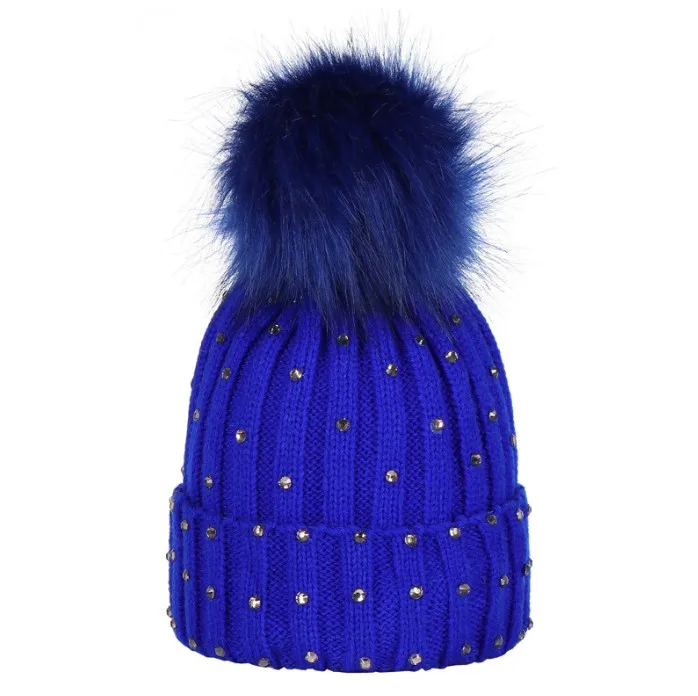 New design children big pompom ball wool winter hat rhinestone wholesale fashion knit baby kids diamond hats