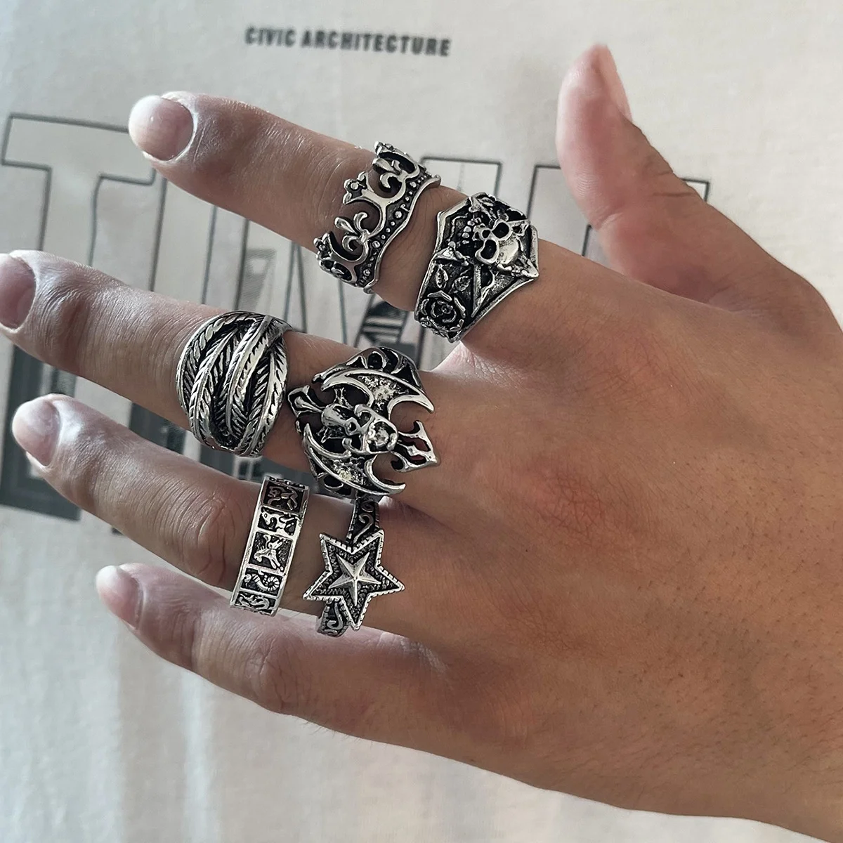 Hip Hop Silver Star Crown Ring Stacked Bat Skull Ring for Women Men Anniversary Party Prom Jewelry Gift