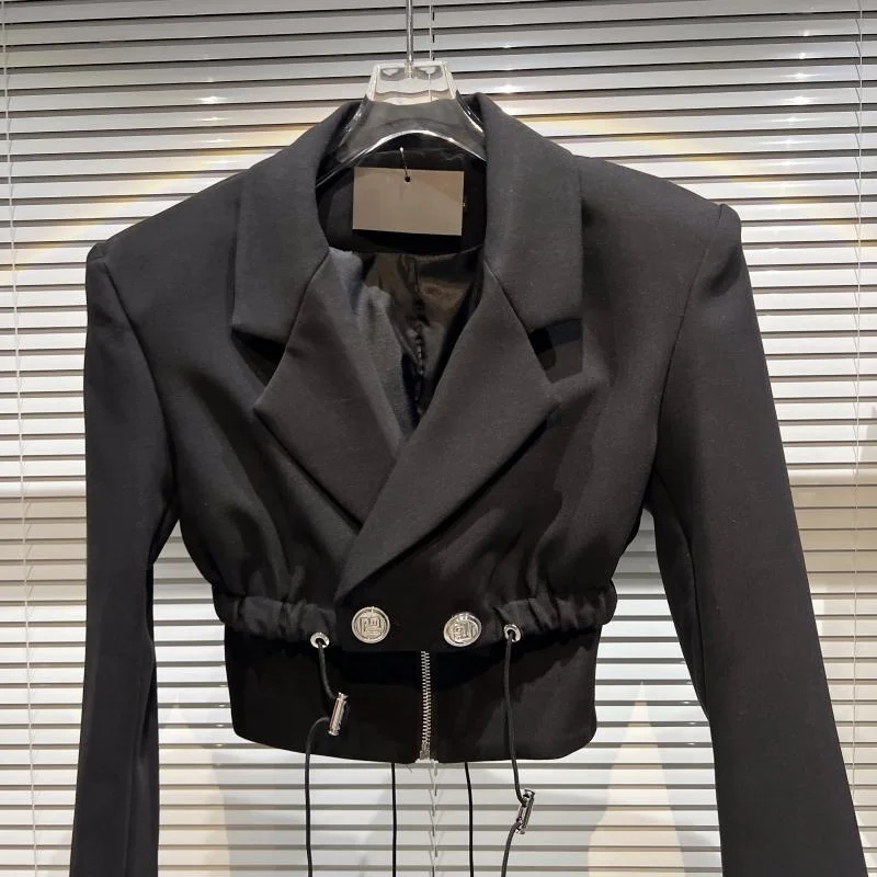 OUDINA Fashion Drawstring Design Celebrity Suit Jacket Blazer Crop Top Lades Women Cropped Blazer