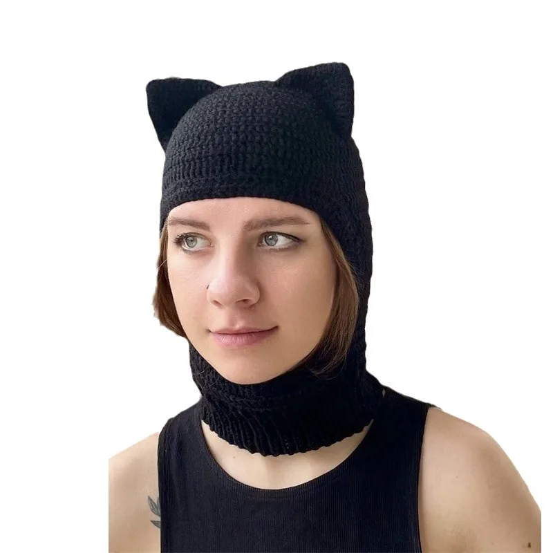 New handmade crocheted street style cat ears headgear models neck protection universal adult cap