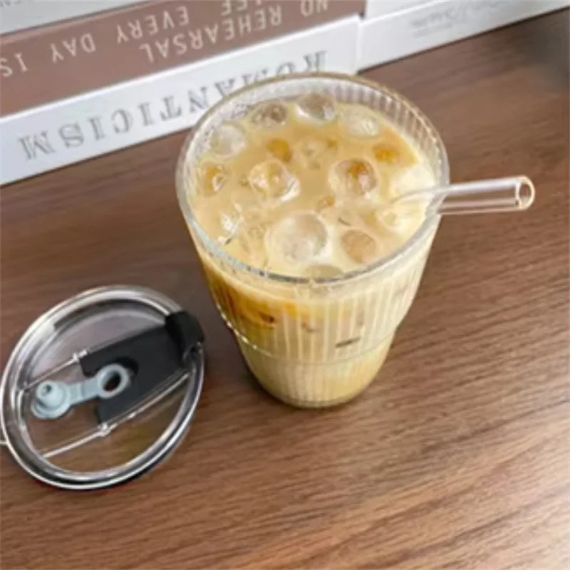 Factory Low Price Sales Custom 400ml Bamboo Festival Vertical Grain Glass Iced Coffee Milk Cup With Straw And Lid