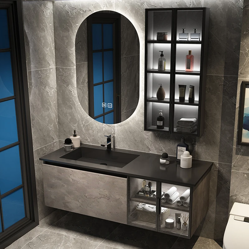 Hotel Solid Wood Bathroom vanity Cabinetry Combo Floating bath Vanity Modern Double Sink Black for washroom storage