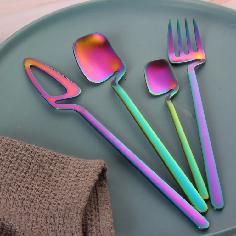 Reusable Metal Salad Coffee Mixing Stirring Spoon And Fork Stainless Steel 4pcs Hanging Cup Cutlery Set