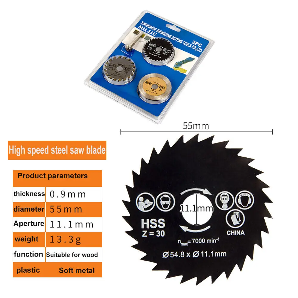 PEXMIENTAS 3pcs HSS Circular TCT Carbide Diamond Saw Blade Set Metal Cutting Disc Wood Cut 6mm Mandrel Cutting Blades