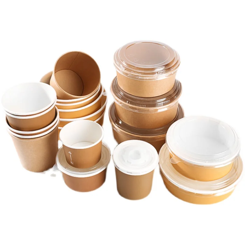 Custom Printing Disposable Take Away Brown Paper Noodle Soup Bowl Cup With Lid