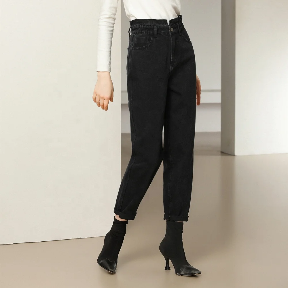 NVFelix Women Tapered Leg Mom Jeans Wholesale Ruffle High Waist Black Loose Straight Chic Fashion Quality Denim Jeans Pants