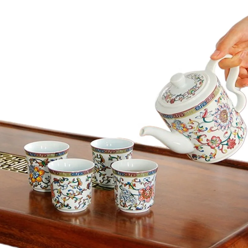 New Style Vintage Fancy Small Ceramic Tea Cup Set Gift Beautiful Colorful Print Kung Fu Tea Cup And Pot Set