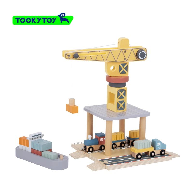 RTS Dock crane wooden toy, shipping container simulation transport playhouse toy, tower crane model toy with lifting function.