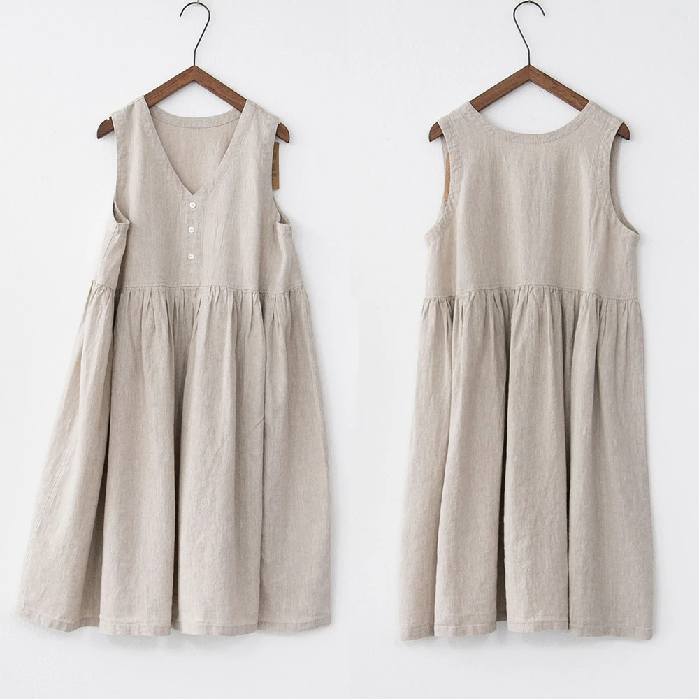 Summer Hot Sale Natural Hemp Solid Color Sleeveless O Neck Retro Clothes Long Maxi Women Linen Dress