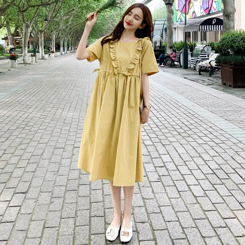 YiXin 2022 Womans Dress Clothes Solid Ruffled Short Sleeve Sweet Casual Dresses Clothing Manufacturer Custom Korean Clothes