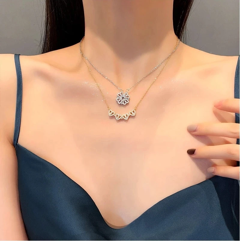 Creative Magnetic Folding Heart-Shaped Jewelry Party Gift Four-leaf Clover Necklace Magic Heart Shaped Necklace