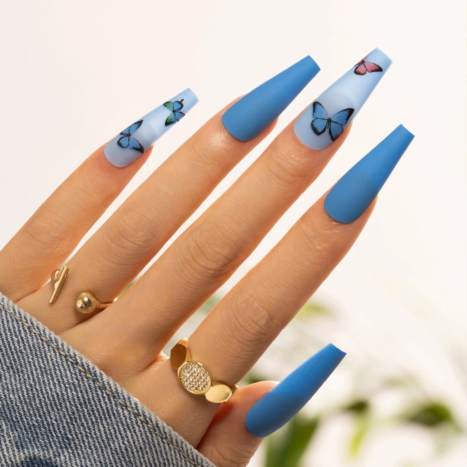 High quality luxury nails design long trapezoidal blue butterfly nail art patch press on nails