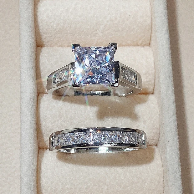 CAOSHI Luxury 2Pcs/Set Full Diamond Zirconia Rings Set Couples Square Silver Coating Engagement Wedding Rings for Woman Men