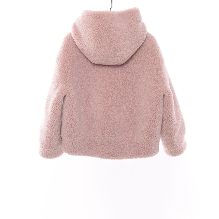 Wholesale 100% Polyester Pink Cropped Jacket Warm Hood Winter Faux Fur Coat With Zipper