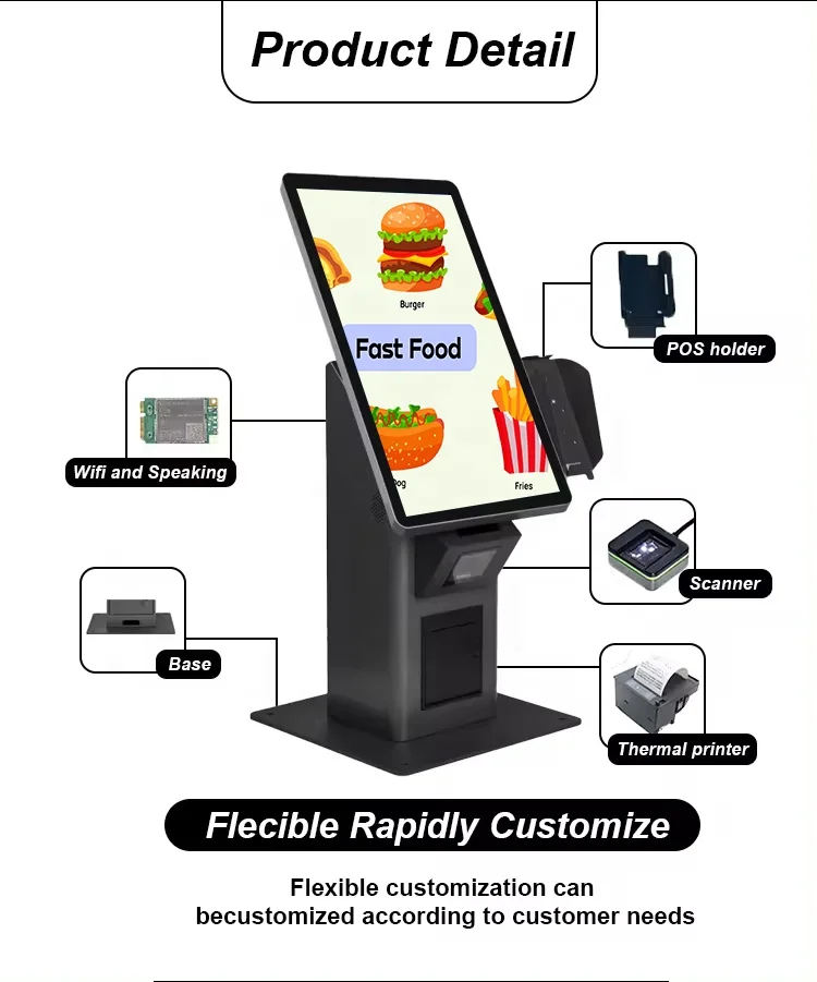 WUXIN 21.5 27 24 inch nfc reader  kiosk price  Restaurant Desktop touch screen self serving payment terminal self checkout kiosk