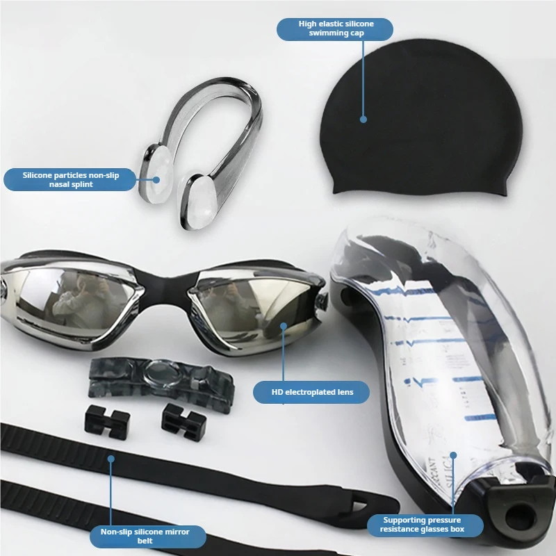 Swimming Suit Set Diving Anti-Fog Goggles Swim Cap Nose Clip Ear Plugs Case Pool Waterproof Swim Glasses For Youth Kids
