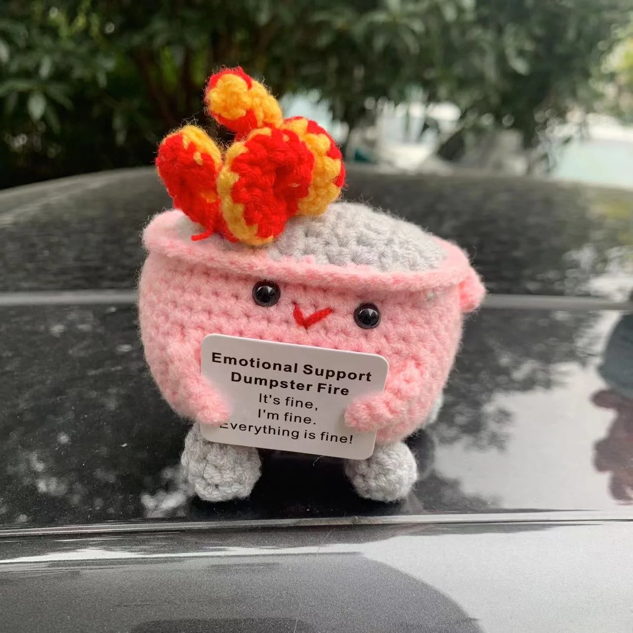 Handmade Knit Decoration. Cute Crochet Fire Extinguisher Box Emotional Support Dumpster Fire Fun, Inspirational Gift Home Decor