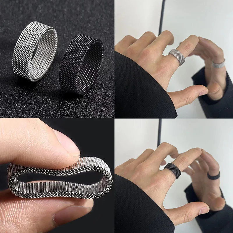 8mm Stainless steel braided elastic stretchable mesh fashion ring gold plated mesh chain middle finger ring