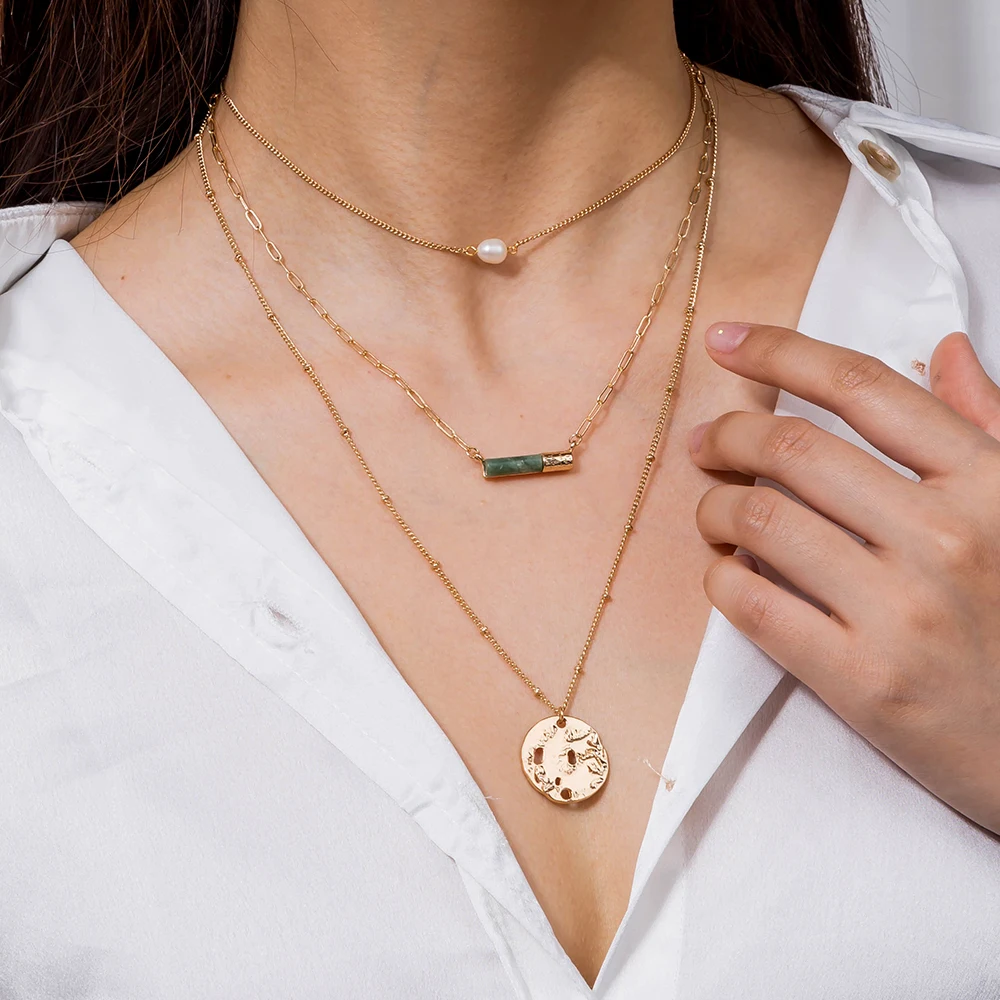 Bohemian Natural Stone Jade Necklace Pendants Gold Plated Beads Link Chain Layered Freshwater Pearl Necklaces Jewelry Women