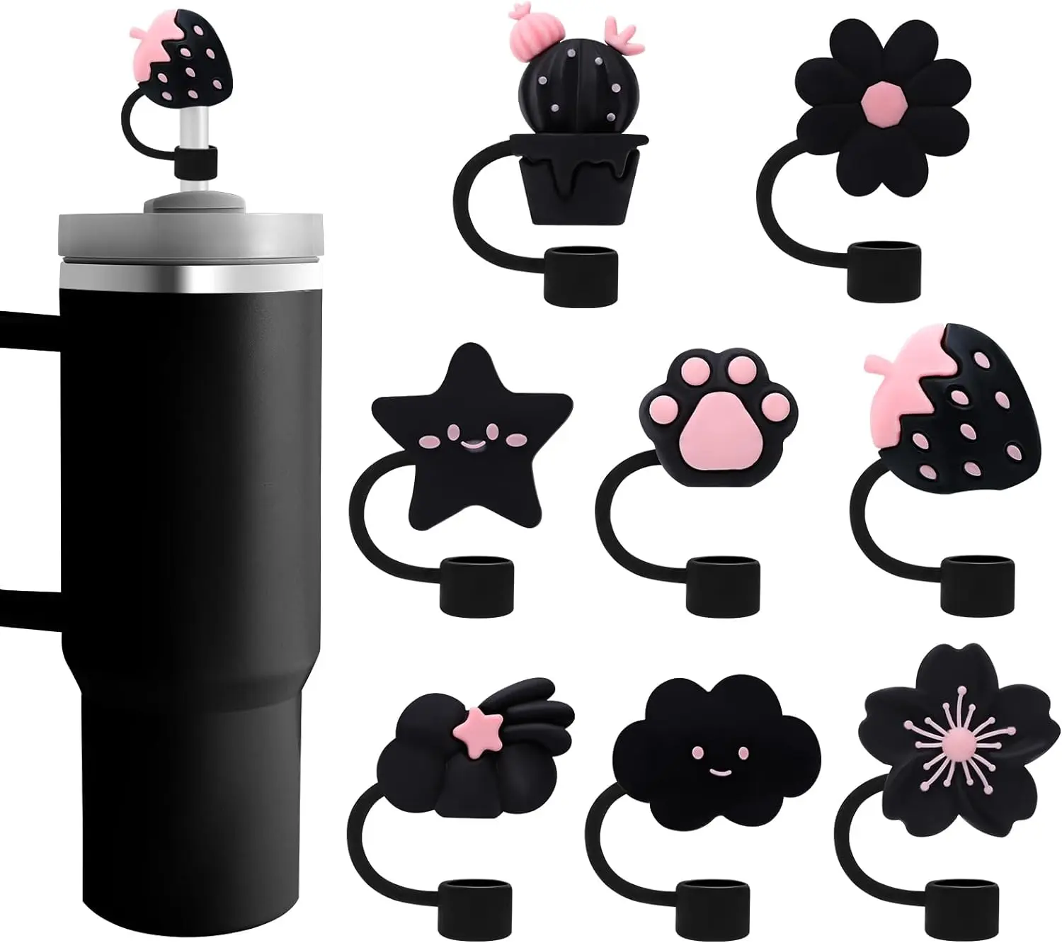 Black Straw Covers Cap,10mm Straw Toppers for 30&40 Oz Tumbler, Reusable Straw Tips Protectors for 0.4 Inch/10 mm