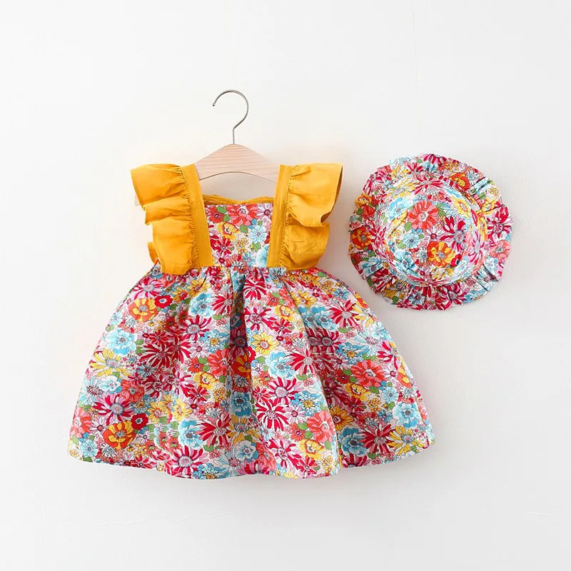 Wholesale Toddler Girls Skirt Ruffle Floral Printed Dress With Hat Summer Baby Girl Dresses 1 to 3 Years Old Maxi Dress New 2023