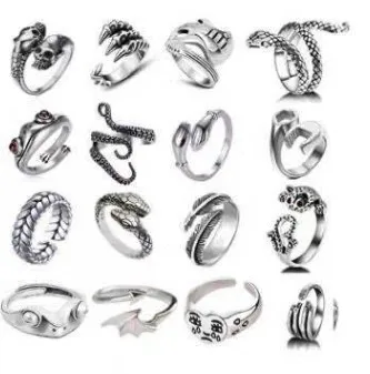 16Pcs Rings Set Vintage Punk Rings for Men Adjustable Dragon Snake Frog Skull Alloy Cool Gothic Jewelry for Men Women