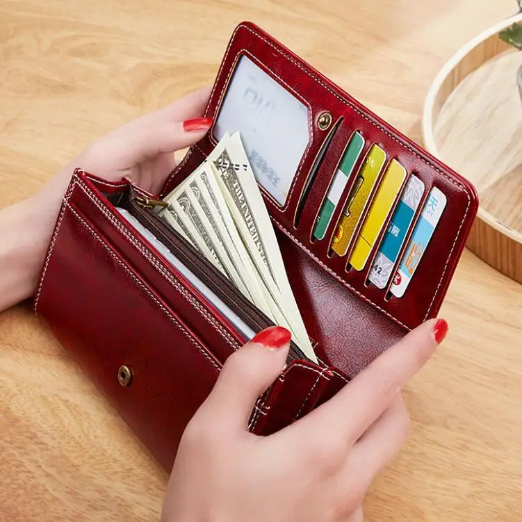 2024 High quality ladies long purse wallet with phone vintage wax oil leather women wallets