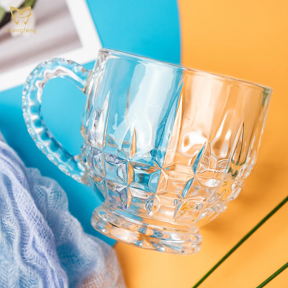 150ml 200ml Clear Checked Design Handle Glass Coffee Cup Glass Transparent Modern Handgrip Coffee glass