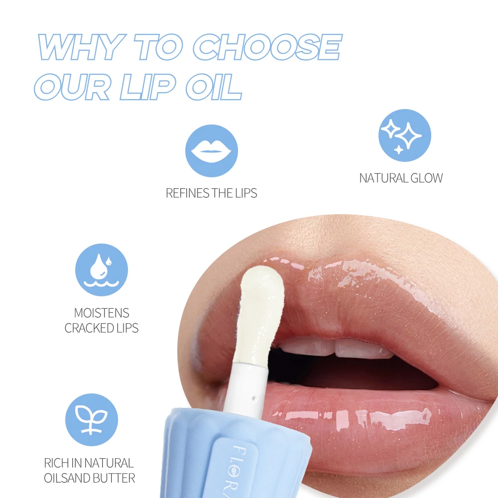 Flora Ruby korean private label cute gold tinted clear waterproof plumping fat gloss lip glow balm oil plump lip gloss stain