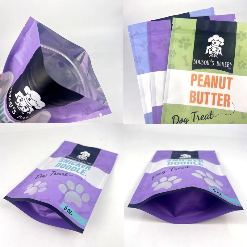 Custom print dog treat packaging bags resealable mylar frosted doypack stand up ziplock plastic pouches with claw shaped window