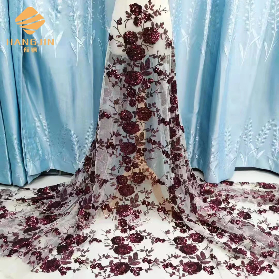 Wholesale sequin lace fabric Floral embroidered tulle fabric beaded wedding African lace sequin tulle fabric