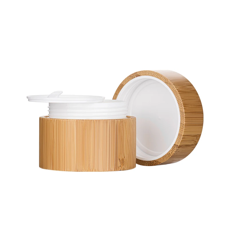 Eco-friendly custom made cosmetic packaging bamboo wooden cream jar, cheap popular durable cylinder empty bamboo pp plastic jar