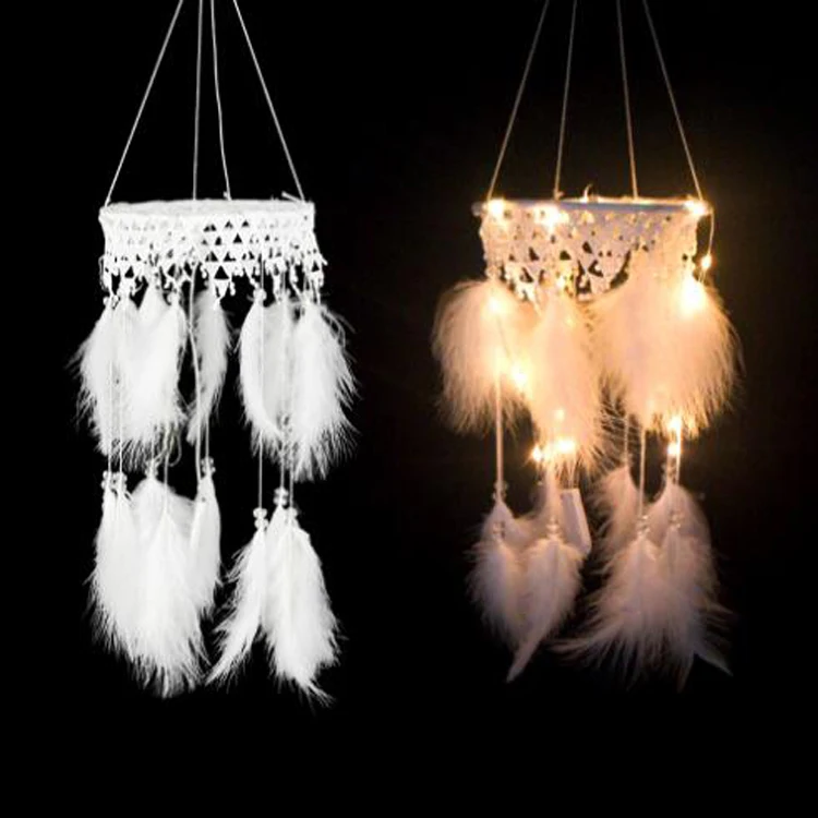 Mobile Light Dream Catchers with LED Lights Hanging Ornaments Feathers Wedding Home Decorations Handmade Dreamcatcher for Girls