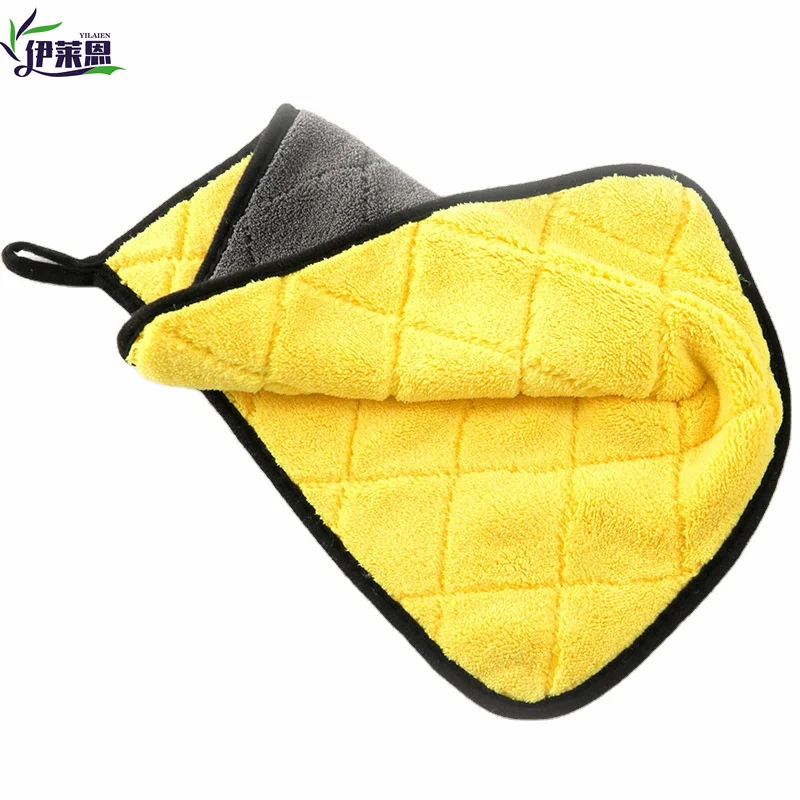 Microfiber diamond lattice towel yellow grey super absorbent coral fleece car towel 40*40 detailing car wash towel