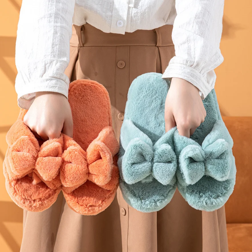 Wholesale Women Home Slippers Fluffy bowknot Home Slippers For Women Floor Cotton Flax Slippers With Soft Bottom