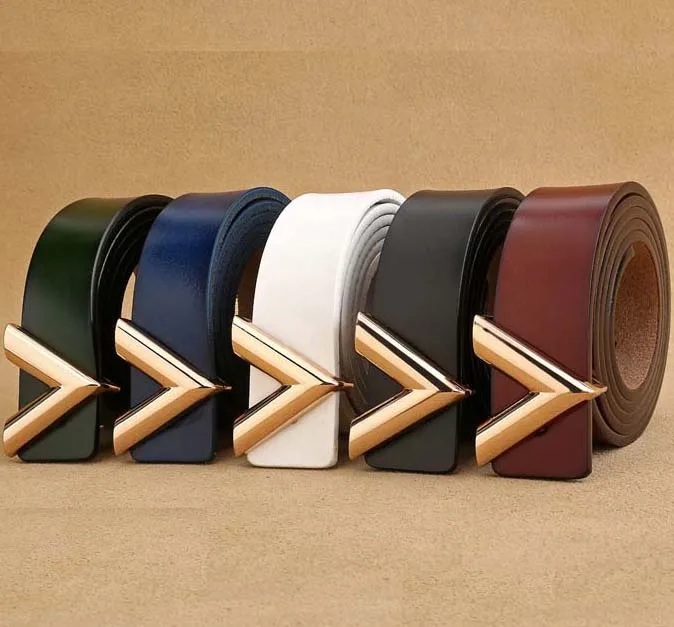 Belt manufacturer 2.8cm width cow leather zinc alloy letter V logo screw removable beaded western buckle belt for girls