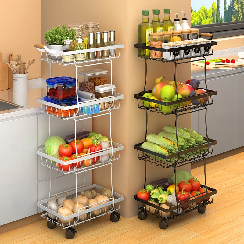 4-Tier Stackable Kitchen Metal Mesh Storage Fruits and Vegetables Organizer Basket Rack Shelf Cart with Wheels and handle