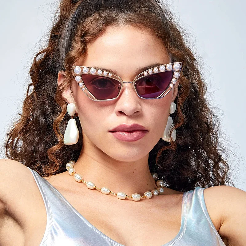 New Arrival Unisex Blue Pink PC Frame Cat Eye Triangle Sunglasses Large Pearl Decorative Shades with UV400 Lenses Party Women