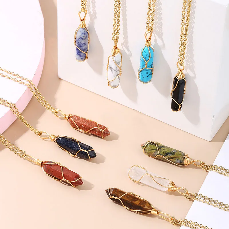Natural Crystal Healing Stone Amethyst Hexagonal Column Quartz Necklace Pendant DIY Handmade Jewelry Quartz Pendant Necklace
