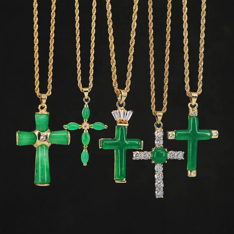 NN1136 Stainless Steel Chain Round Disc Natural Jade Cross Necklace Chinese Style Lucky Jewelry Jade Necklace
