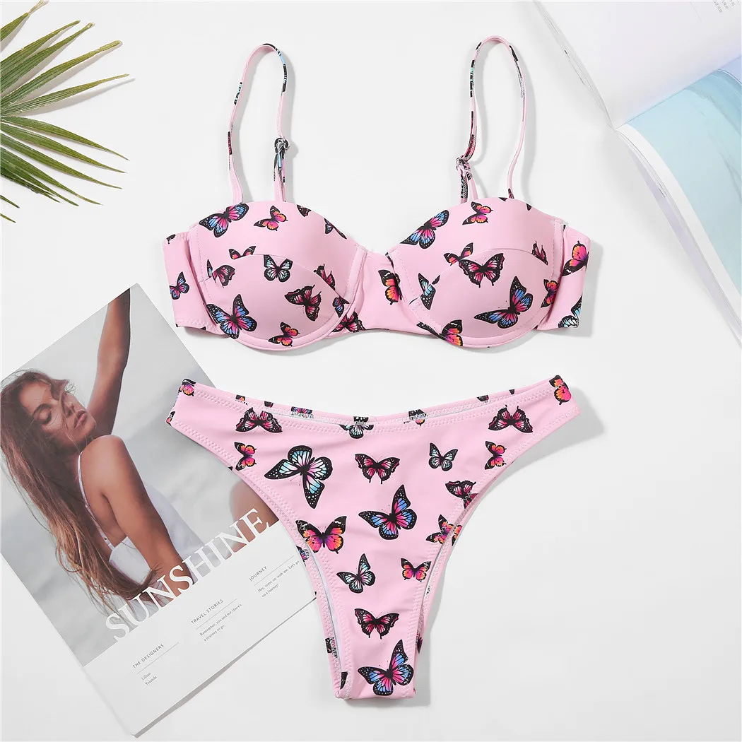 2021 maillot de bain woman butterfly print swimsuit moulded cup 2 piece bikini hight rise bathing suit set swimwear