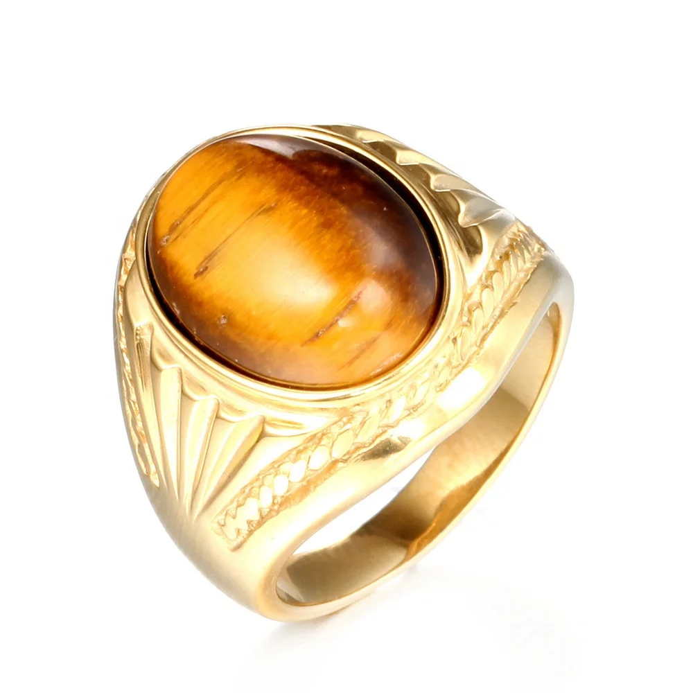 Ready to ship high quality men fashion style stainless steel inlay tiger eye stone rings