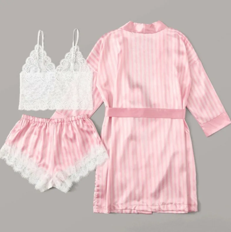 
Dropshipping Stripe Robe Set For Women Satin Lace Transparent Top Shorts 3-piece Set Home Service Ladies Sweet Underwear 