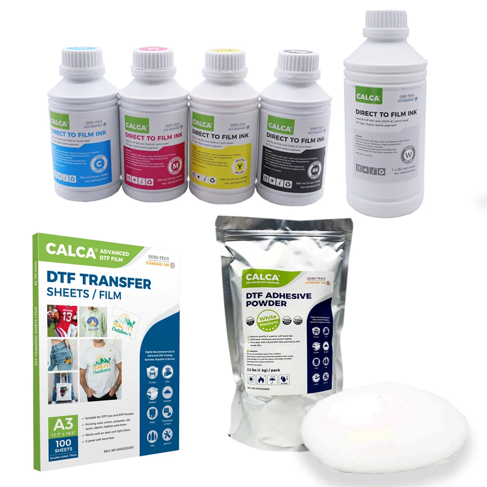 CALCA DTF Printing Starter Supply Pack (500ml CMYK and 1L W DTF Ink, 1KG Powder, A3 Sheet Film) for T-shirt Wholesale US Stock