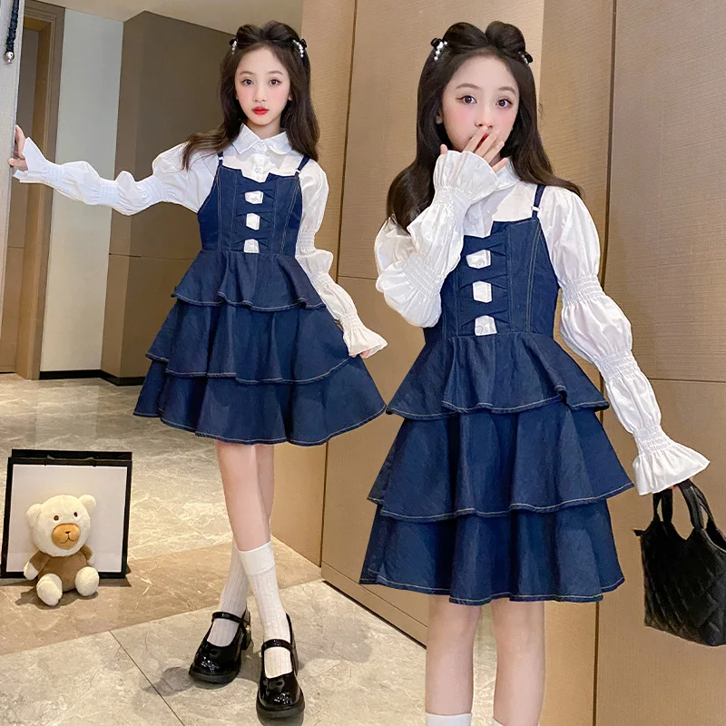2023 New Fall Teenagers Girls Back to School Outfits Set White Solid Long Sleeved Blouse + Ruffle Denim Jumper Dress 2pcs