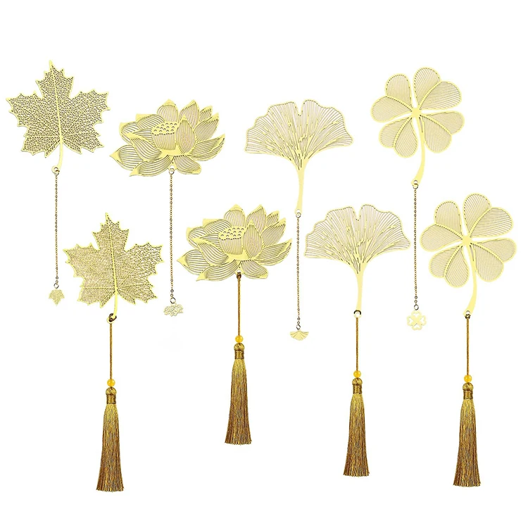 Promotional High Quality Metal Brass Or Zinc Alloy 24k Gold Plating Engraved Logo Hollowout Leaf Metal Bookmark