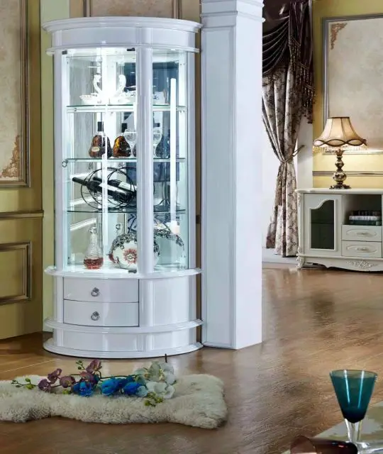 Stylish Modern White MDF Storage Furniture round Tall Glass Display Wine Cabinet Foldable for Hotel Living Room Kitchen Home