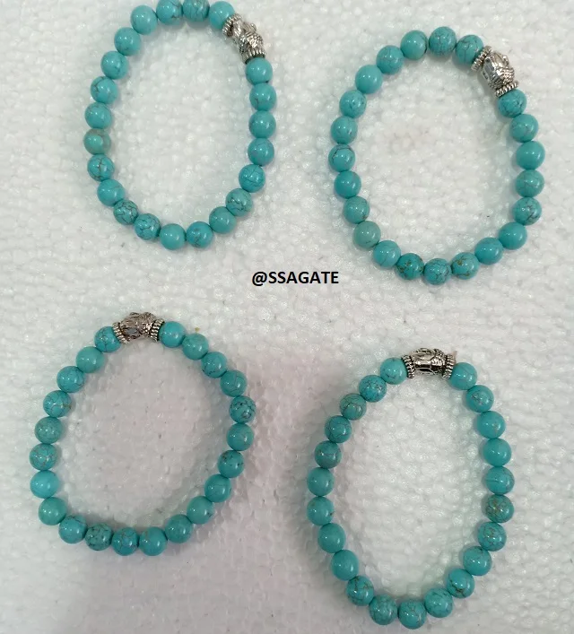 Natural 8mm Turquoise Agate Beads Bracelet with Buddha Logo Elastic Healing Crystal Beads Stone Material Eye Shape Online Sale