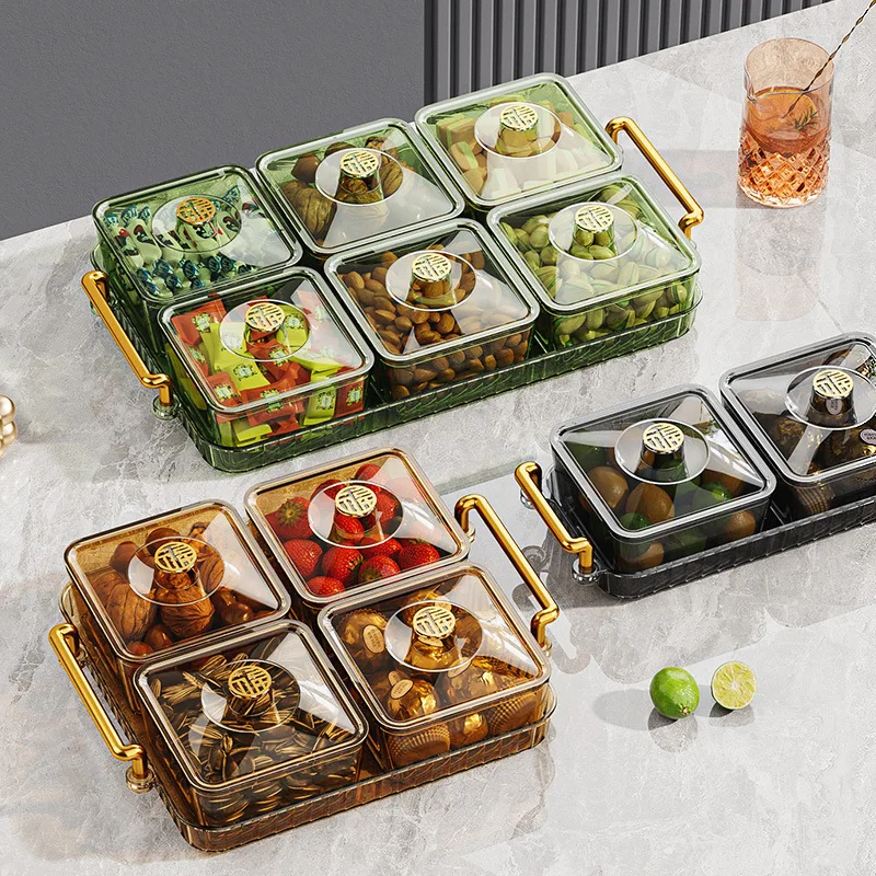 Luxury golden handle PET transparent 2/4/6 divided storage boxes snack plate set candy tray