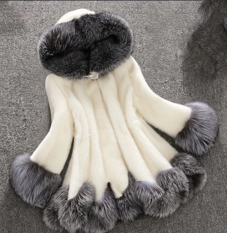 Fashion White Black Faux Mink Fur Coat&Parka Coat Jacket WIth Hood Leopard For Womens